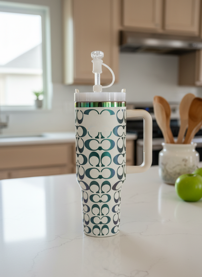 40oz Holographic Monogram Quencher Tumbler – White