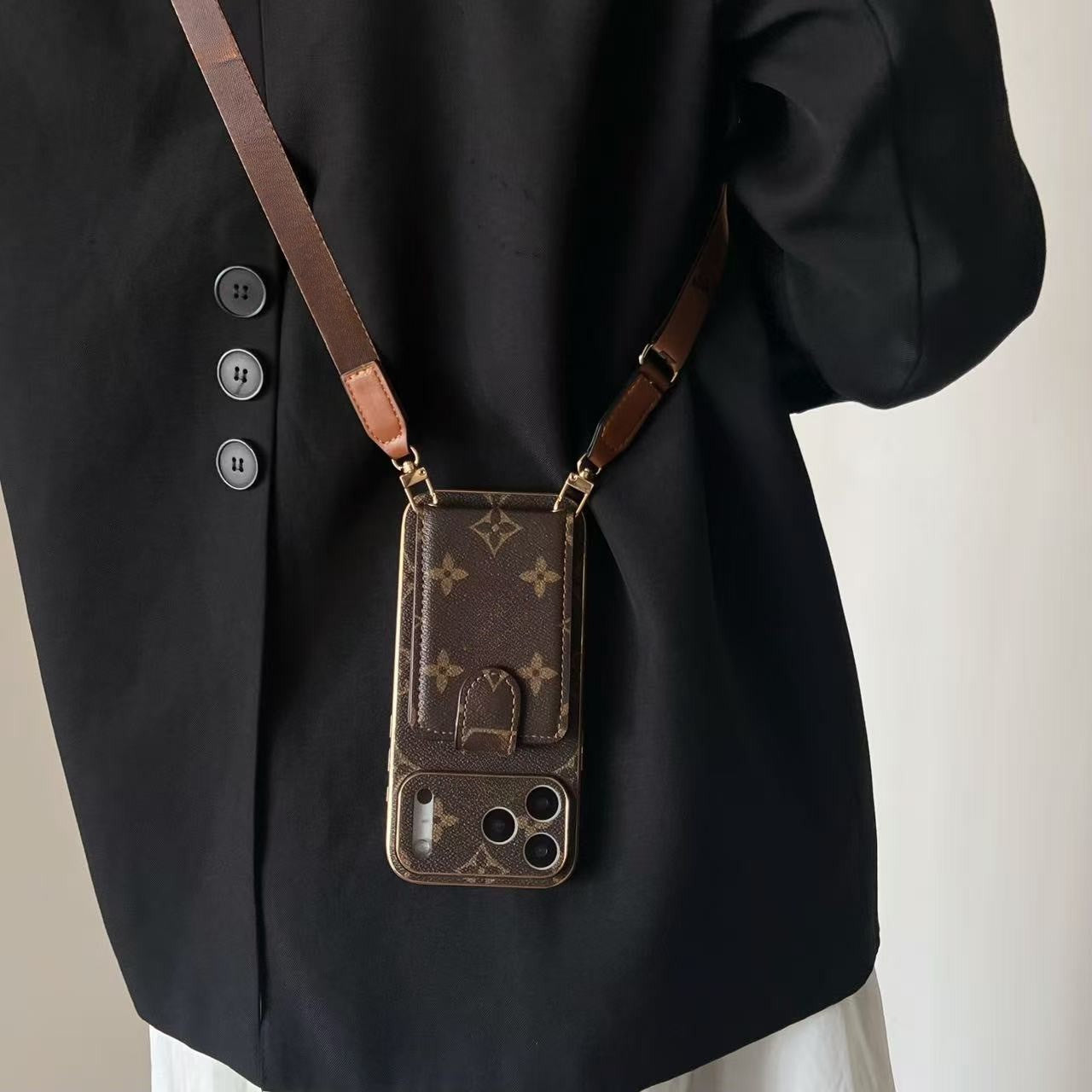 Luxury Leather iPhone Case with Integrated Wallet & Detachable Strap